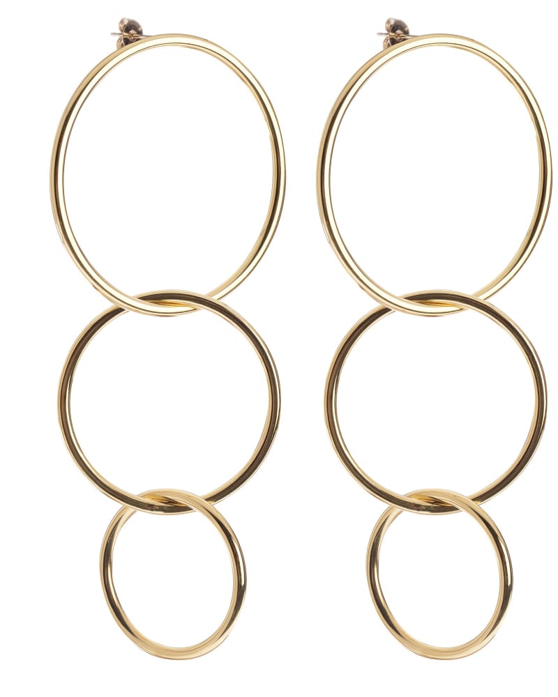 Front of a size one-size-fits-all Triple Interlinking Circle Drop Earrings Gold in Gold by Eklexic. | dia_product_style_image_id:282705